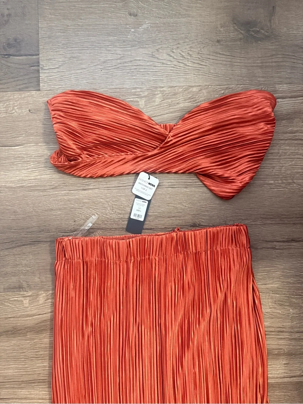Fashion Nova Rust Pleated Bandeau Top Maxi Skirt Set